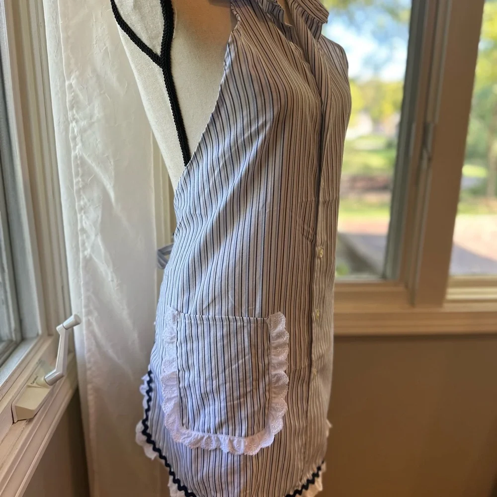 Hand crafted Mens Dress Shirt Kitchen Apron white blue Striped Eyelet Ric Rac